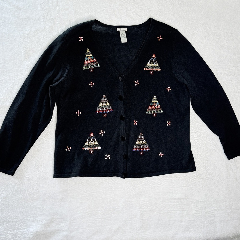 VTG CB Career Christmas Cardigan XL Black Beaded Sequin Tree Holiday Sweater